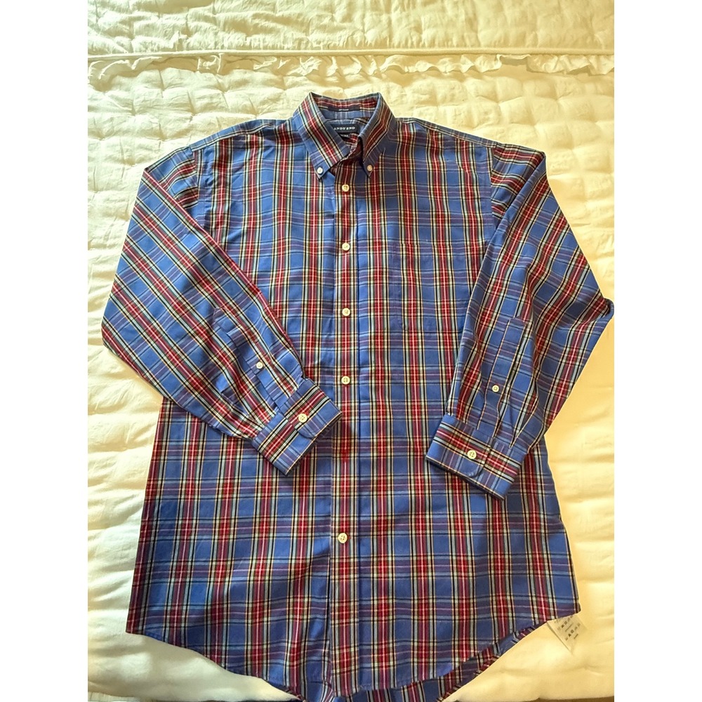 Lands End Mens Blue Plaid No Iron Button Down Shirt 16-32 Cotton Long Sleeve